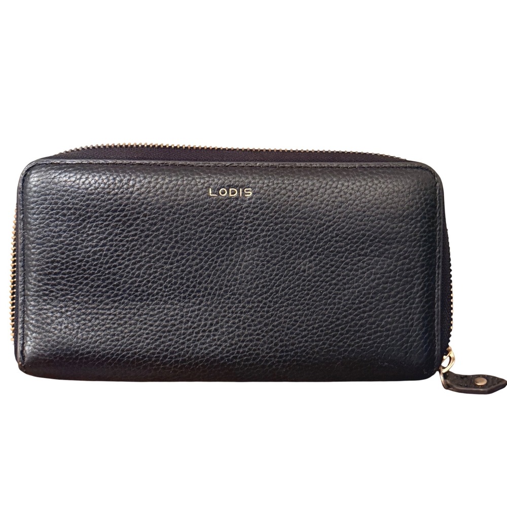 Lodis Audrey Black Pebbled Leather Zip Around Wallet Organizer RFID Minimalist